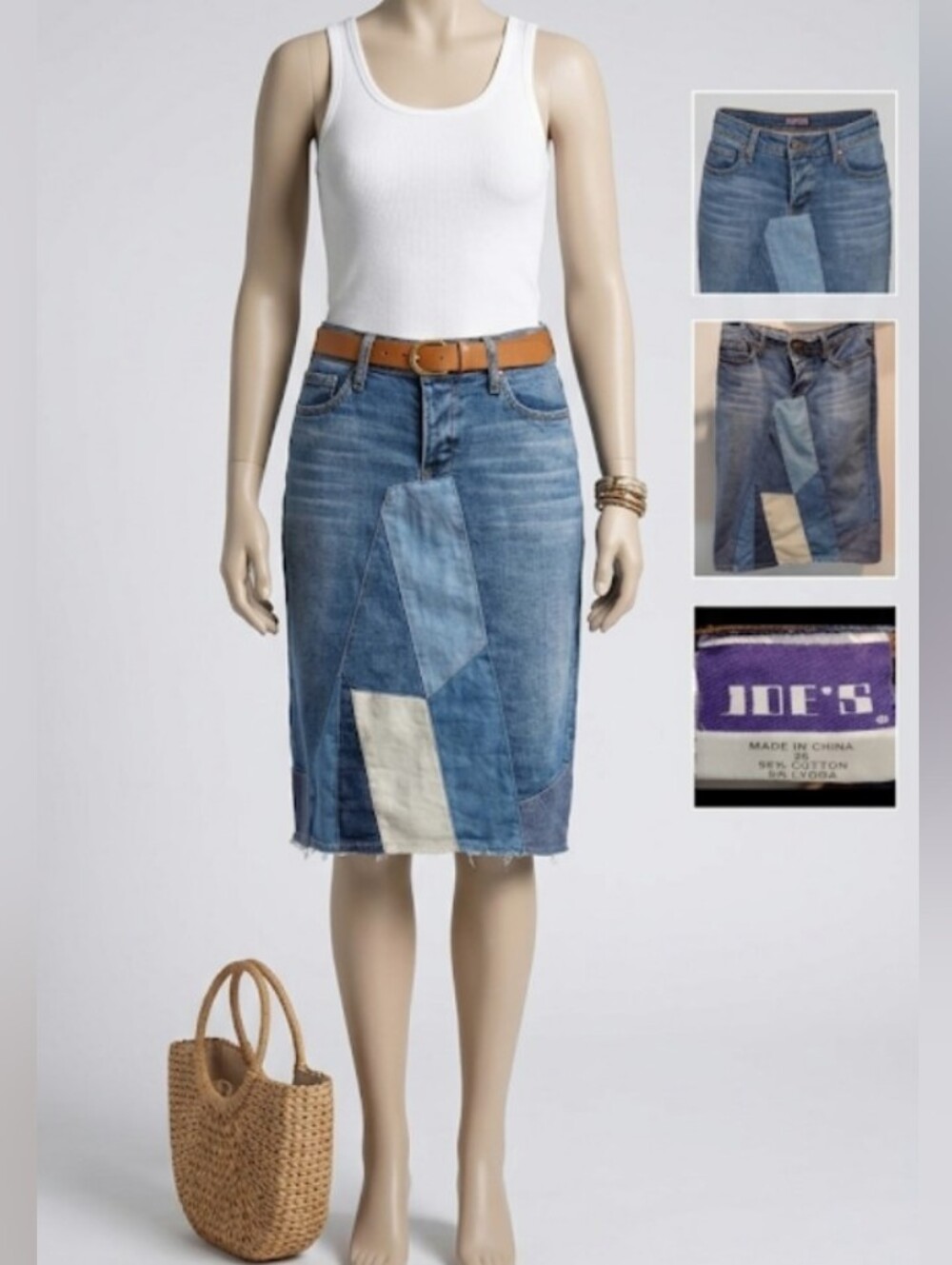Joe's Jeans Patchwork Midi Premium Denim Skirt (Sz 28) Boho Chic Craftcore Lux